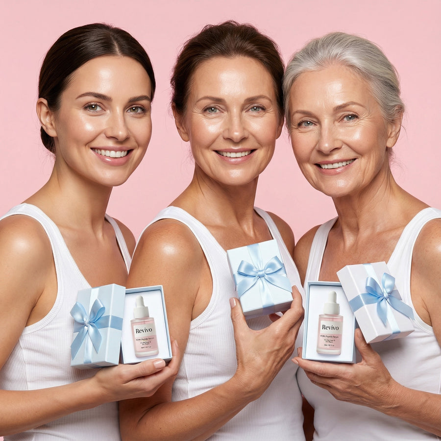 Happy customers holding skincare products